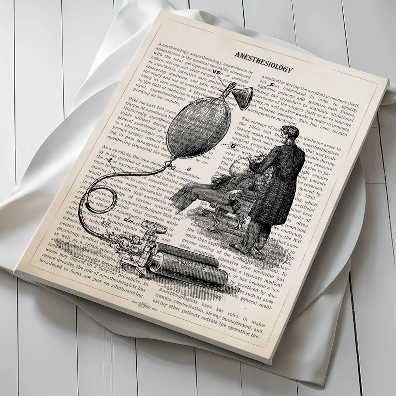 Peut inclure: Une illustration en noir et blanc repr&eacute;sentant l'histoire de l'anesth&eacute;sie. L'image montre un m&eacute;decin administrant une anesth&eacute;sie &agrave; un patient &agrave; l'aide d'un sac et d'un masque. Le texte de l'image est "Anesthesiology".