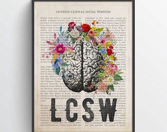 LCSW with Flowers Print, Licensed Clinical Social Workers gift, Brain Art, Gift For Mental Health Counselor, Social Worker Decor,