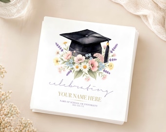 Personalized Wildflower Graduation Napkins, Black Grad Cap Colorful Floral, Custom College University High School Elegant Party Table Decor