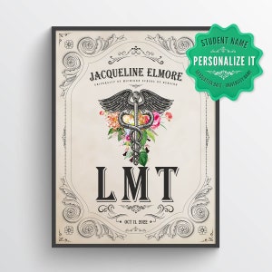 Personalized LMT with Flowers Print, Licensed Massage Therapist Gift, Therapeutic Massage Graduation Gift, Therapist Office Medical Decor