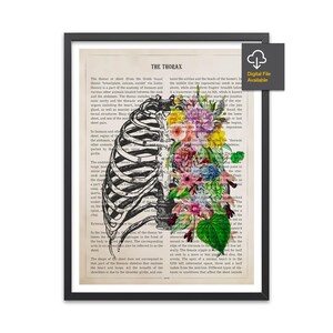 May include: Framed art print featuring a black and white anatomical illustration of a rib cage, partially filled with colorful flowers. The print includes text "THE THORAX" and a "Digital File Available" icon.