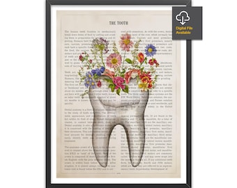 Tooth Anatomy with Flower Print, Dental Art, Gifts for Dentist Student Graduation, Dentist & Dental Hygienist Clinic Decor