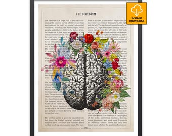 Cerebrum Anatomy Art Print, Vintage Floral Brain Poster, Medical Student Gift, Neuroscience Wall Decor, Neurology Office Art