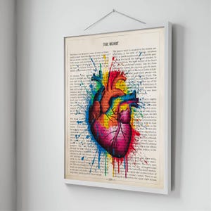 May include: A vintage anatomical illustration of a human heart with colorful paint splatters. The text "THE HEART" is at the top of the page. The text describes the heart's location and function.
