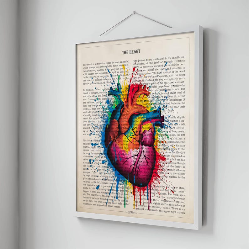 May include: A vintage anatomical illustration of a human heart with colorful paint splatters. The text "THE HEART" is at the top of the page. The text describes the heart's location and function.