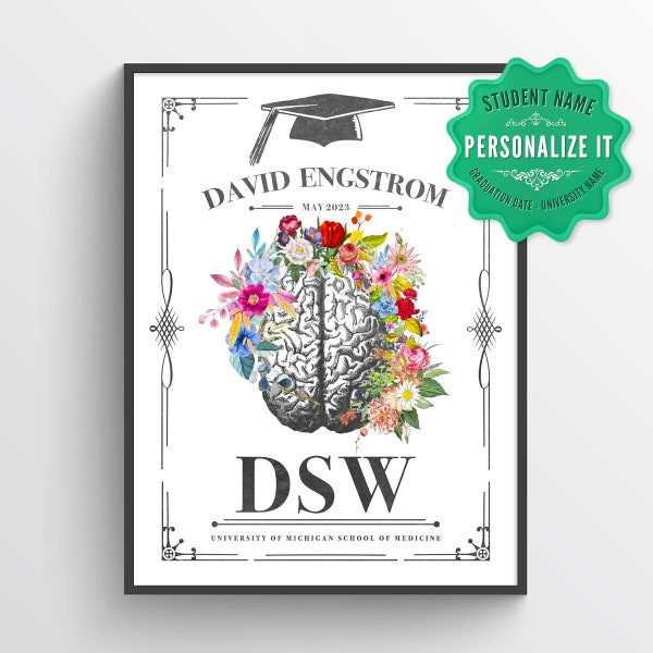 Personalized DSW with Flowers Print, Doctorate of Social Work gift, Social Work Decor, Counselor Gift, DSW Graduation, Mental Health