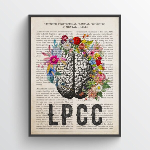 LPCC with Flowers Print, Licensed Professional Clinical Counselor of Mental Health Gift, Brain Art, Social Worker Art, Gift For Psychologist