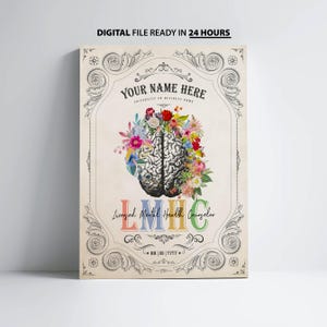 Personalized LMHC Cerebrum Flower Print for Licensed Mental Health Counselor Graduation Gift for Healthcare Professional Office Decor