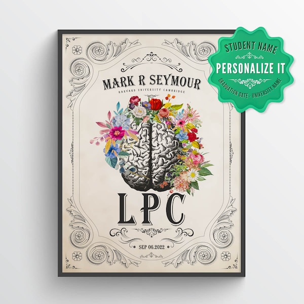 Personalized LPC with Flowers Print, Licensed Professional Counselor gift, Brain Art, Gift For Mental Health Counselor, Social Worker Decor