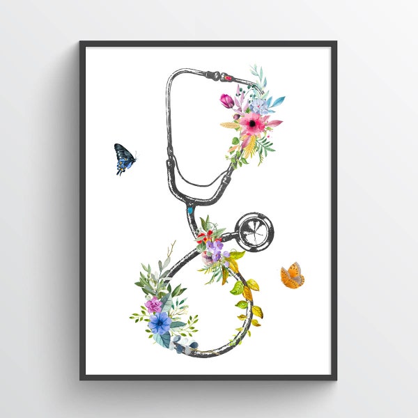 Stethoscope with Flowers Print, Nurse Gift, Doctor Gift, Medical Student Gift, Doctor Graduation Gift, Nurse Graduation, Doctor Office Decor