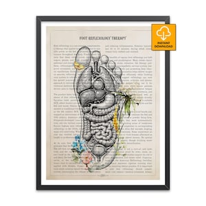May include: A framed print with the text "FOOT REFLEXOLOGY THERAPY" and a detailed anatomical illustration of the foot, depicting internal organs. The artwork is set against a vintage paper background, with floral accents and an "INSTANT DOWNLOAD" graphic.