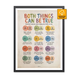 May include: A framed educational poster titled BOTH THINGS CAN BE TRUE, featuring colorful Venn diagrams with text explaining emotional maturity. The design uses circles in red, orange, yellow, green, blue, and purple to illustrate dual concepts.