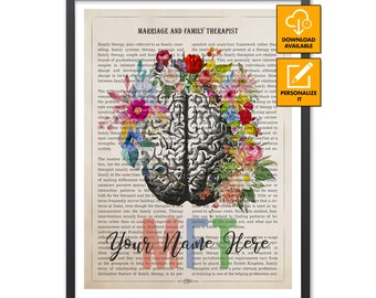 May include: A framed print featuring a black and white anatomical brain illustration adorned with colorful floral arrangements. The background consists of text about marriage and family therapy, with the script text Your Name Here below.