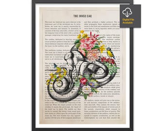 Inner Ear Anatomy Flower Print, Audiologist Gift, Gifts for Hearing Doctor, ENT Student Graduation, Ear Nose Throat Doctor Clinic Decor