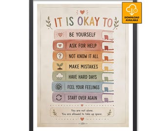 Póster "Está bien" / Decoración para consultorio de terapia. Afirmaciones positivas. Consejero escolar. Aula. Salud mental. Mentalidad de crecimiento. Lámina decorativa para pared.