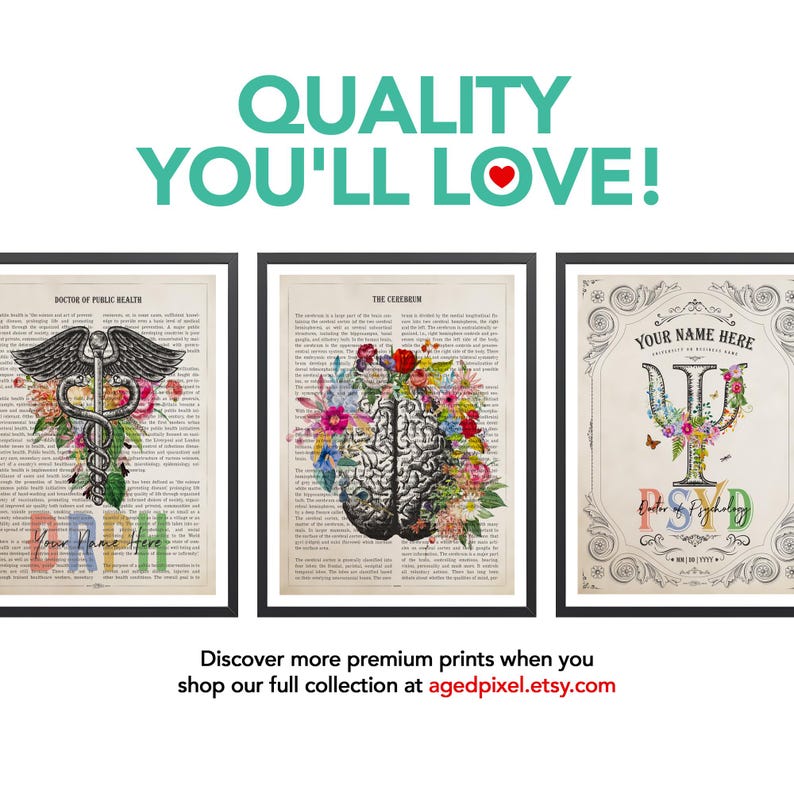 May include: Three framed wall art prints featuring medical and psychological themes. The left print shows a caduceus with flowers, the center a brain with floral accents, and the right a psi symbol with flowers. Text includes "QUALITY YOU'LL LOVE!" and "agedpixel.etsy.com".