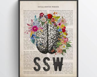 SSW with Flowers Print, Social Service Work gift, Social Worker Decor, Gift for Counselor, SSW Graduate Present, Mental Health