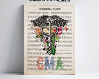 Personalized CMA Caduceus Flower Print for Certified Medical Assistant Graduation Gift for Healthcare Professional Office Decor