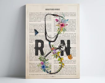 RN with Stethoscope Print for Registered Nurse Graduation Gifts Pinning Ceremony Decor with floral Elements For Nurses