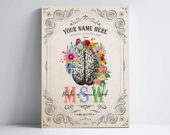 Personalized MSW Cerebrum Flower Print for Master of Social Work Graduation Gift For Mental Healthcare Professional Office Decor