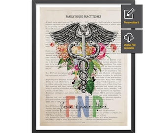 Personalized FNP Caduceus Flower Print for Family Nurse Practitioner Graduation Gift For Healthcare Professional Office Decor