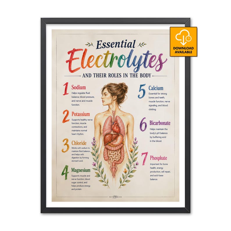 May include: A framed educational poster titled Essential Electrolytes and Their Roles in the Body, featuring a central anatomical illustration of human internal organs surrounded by seven numbered points detailing sodium, potassium, chloride, magnesium, calcium, bicarbonate, and phosphate.