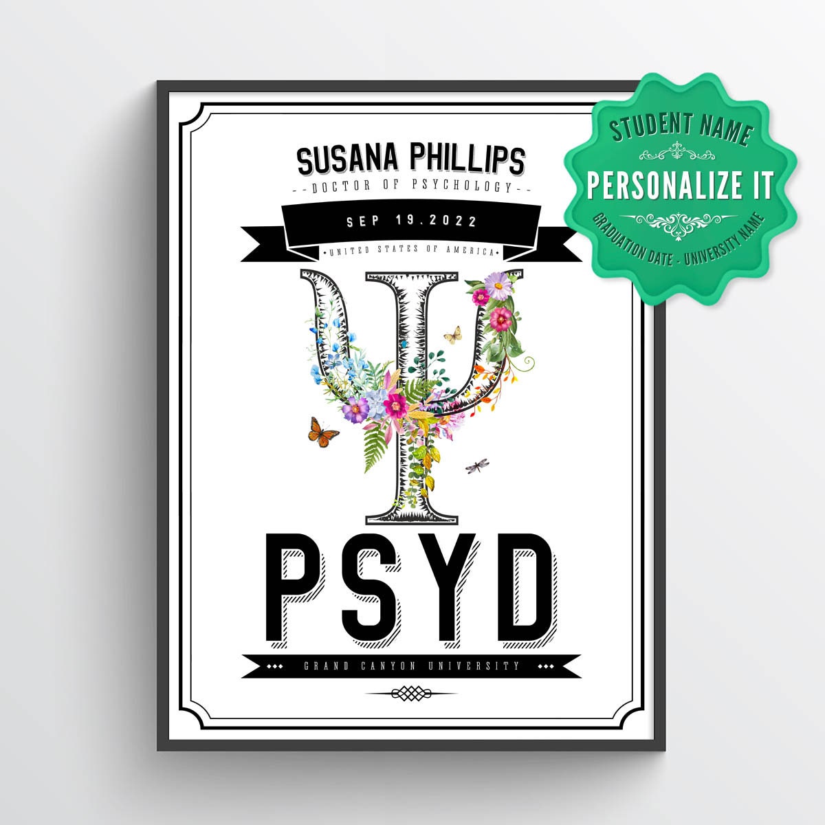 Psyd Graduation Personalized PSYD With Flowers Print, Doctor of Psychology Gift ...