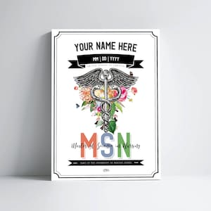 Personalized MSN Print with Caduceus Flower for Masters in Nursing Graduation Gift for Healthcare Professional Office Decor