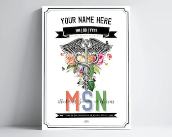 Personalized MSN Print with Caduceus Flower for Masters in Nursing Graduation Gift for Healthcare Professional Office Decor
