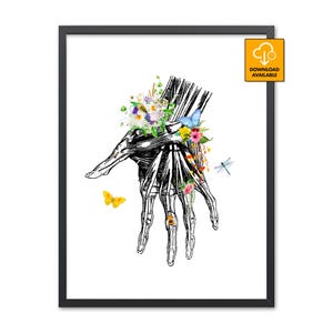 May include: A framed print featuring a black and white anatomical hand illustration adorned with colorful wildflowers, a blue butterfly, a yellow butterfly, a dragonfly, and a small bee, with a yellow download available icon in the corner.