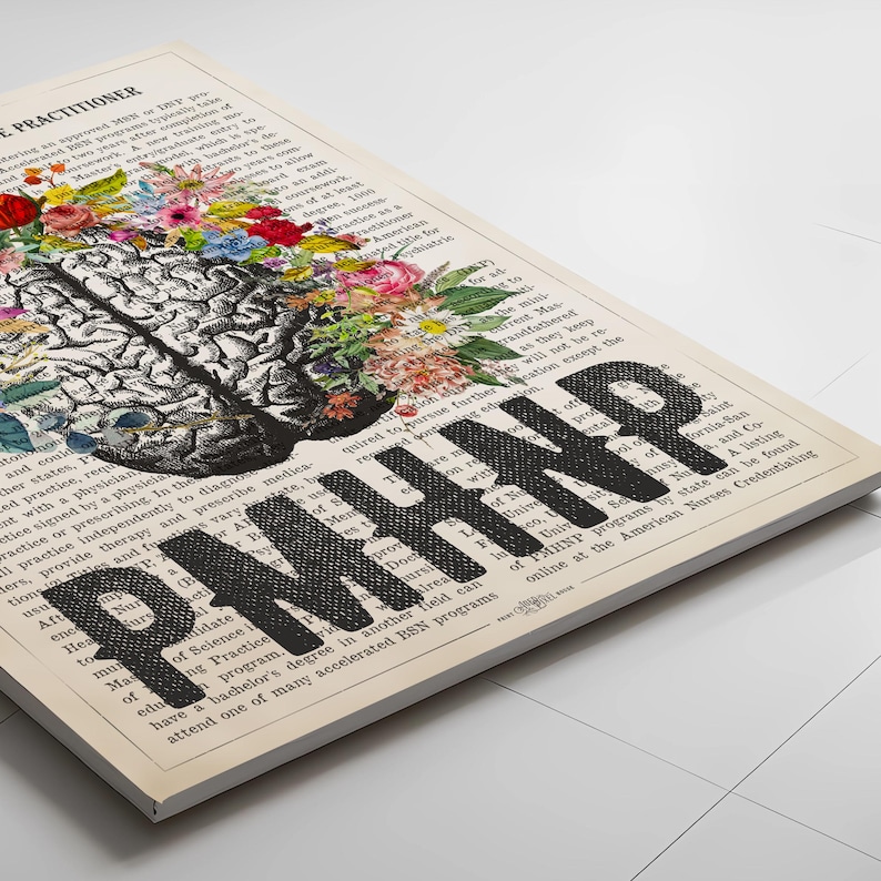 PMHNP with Flowers Print, Psychiatric Mental Health Nurse practitioner gifts, APRN Gift Idea, PMHNP Graduation, Cerebrum Anatomy Decor image 3
