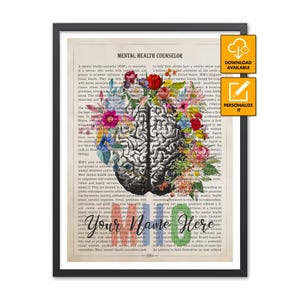 May include: A framed print featuring a black and white anatomical brain illustration topped with colorful floral arrangements, set against a background of printed text titled Mental Health Counselor, with the placeholder text Your Name Here.