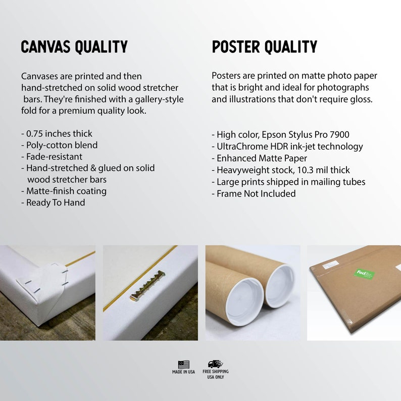 May include: Two images showing the difference between canvas and poster prints. The canvas print is 0.75 inches thick, hand-stretched and glued on solid wood stretcher bars with a matte finish coating. The poster print is printed on matte photo paper with UltraChrome HDR ink-jet technology and is 10.3 mil thick.