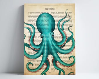 Octopus Print, Ocean Wall Art, Sealife Dictionary page, Bathroom Decor, Octopus Home Decor, Bathroom prints, Funny Animal Print
