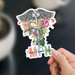 MPH Sticker for Master of Public Health Personalized Caduceus With Flowers Gift For MPH Student Graduation