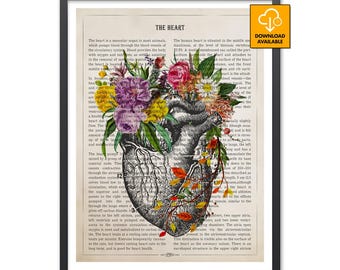 Vintage Heart Anatomy Floral Print Cardiologist Gifts Cardiology Wall Art Cardiac Nurse Graduation Student Surgeon Clinic Office Decor Piece