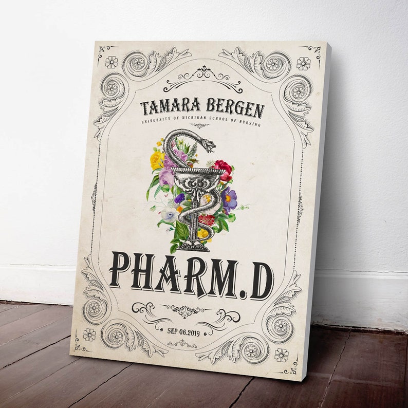 May include: A vintage-style canvas print with a caduceus symbol, a snake entwined around a bowl, and vibrant flowers. The print displays the name "TAMARA BERGEN" and "PHARM.D" in ornate lettering, with the date "SEP 06.2019".