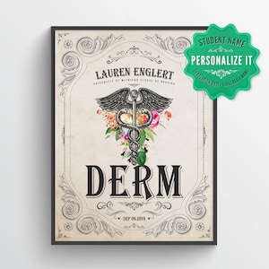 Personalized DERM with Flowers Print, Dermatologist Gift, Dermatology Wall Art Decor, Cosmetic Nurse Gift, Skin doctor Graduation Gift