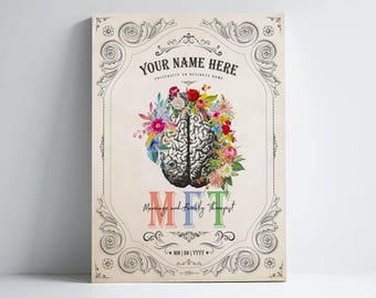 Personalized MFT Print with Cerebrum Flowers for Marriage and Family Therapist Graduation Gift For Mental Health Professional Office Decor