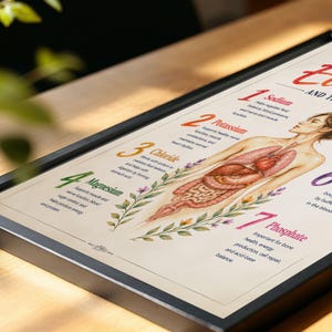 May include: A framed educational poster featuring a detailed anatomical illustration of the human torso with internal organs. The print includes numbered text sections explaining electrolytes like Sodium, Potassium, Chloride, Magnesium, and Phosphate.