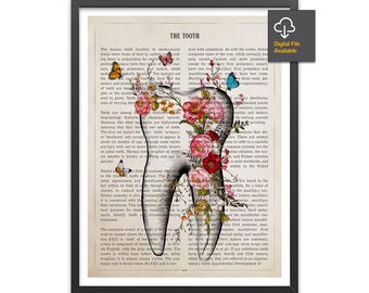 Tooth Anatomy with Flower Print, Dental Art, Gifts for Dentist Student Graduation, Dentist & Dental Hygienist Clinic Decor