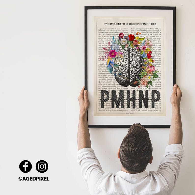 PMHNP with Flowers Print, Psychiatric Mental Health Nurse practitioner gifts, APRN Gift Idea, PMHNP Graduation, Cerebrum Anatomy Decor image 7