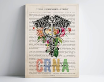 Personalized CRNA Caduceus Flowers Print for Certified Registered Nurse Anesthetist Graduation Gift for Healthcare Professional Office Decor