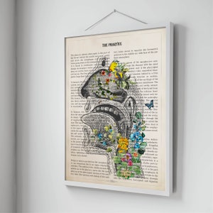 May include: A vintage anatomical illustration of the human pharynx, with a detailed diagram of the throat and surrounding structures. The image is overlaid with colourful flowers and butterflies, creating a whimsical and artistic effect.