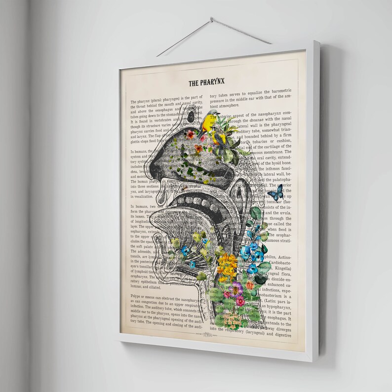 May include: A vintage anatomical illustration of the human pharynx, with a detailed diagram of the throat and surrounding structures. The image is overlaid with colourful flowers and butterflies, creating a whimsical and artistic effect.