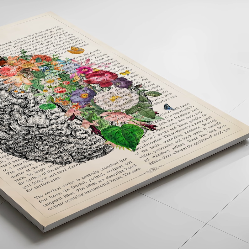 May include: A black and white anatomical illustration of a human brain with a floral design overlay. The brain is surrounded by a variety of colorful flowers and leaves. The image is set against a white background with text about the brain.