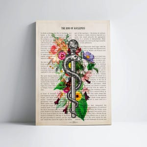 Rod of Asclepius with Flowers Print, Staff of Asclepius Poster, Gifts for Medical Student Graduation, Medical Decor for Clinic