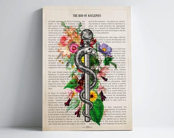 Rod of Asclepius with Flowers Print, Staff of Asclepius Poster, Gifts for Medical Student Graduation, Medical Decor for Clinic