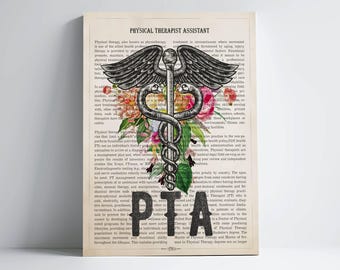 Lámina con el logo de PTA y flores, regalo para asistente de fisioterapia, regalos para la graduación de PTA, decoración médica y arte de pared para clínicas de fisioterapia.