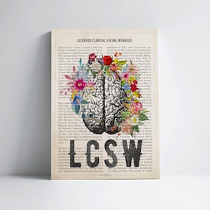 LCSW with Flowers Print, Licensed Clinical Social Workers gifts, Gift For Mental Health Counselor, Social Worker Decor, Brain Wall Art